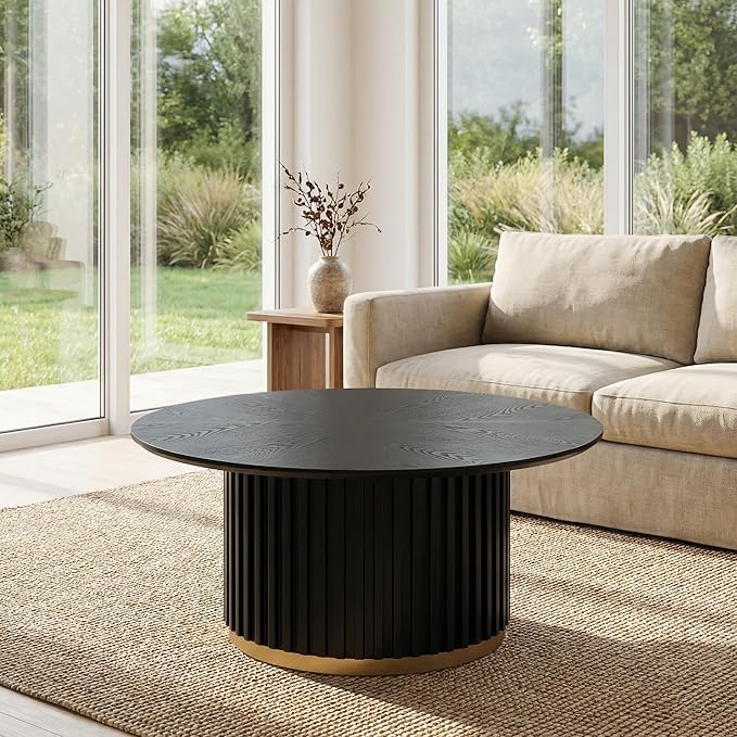 Modern Round Coffee Table with Fluted Pedestal Circle Coffee Table with Faux Marble Tabletop for Bedroom,Apartment,Living Room Black