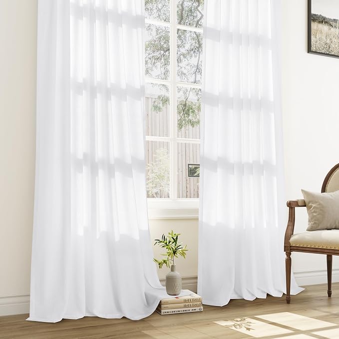 Aersas White Pinch Pleated Linen Curtains 105 Inches Long for Living Room Pinch Pleat Hooks for Track Back Tab Light Filtering Boho Farmhouse Semi Sheer 105 Inch Curtain for Dining Room Bedroom