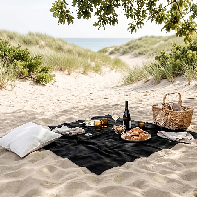 Solino Home Black Linen Tablecloth 52 x 52 Inch - 100% Pure Linen Square Table Throw - Fete, Machine Washable Table Cloth