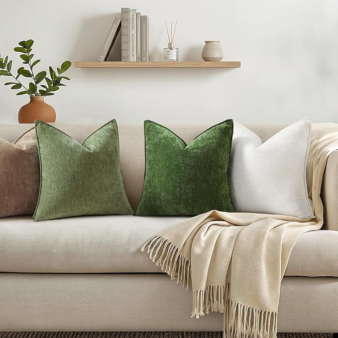 decorUhome Summer Couch Euro Sham Throw Pillow Covers 26x26 Set of 2, Decorative Soft Velvet Modern Cozy Chenille Pillow Cases with Elegant Design for Sofa Bed Living Room Home Decor, Olive Green