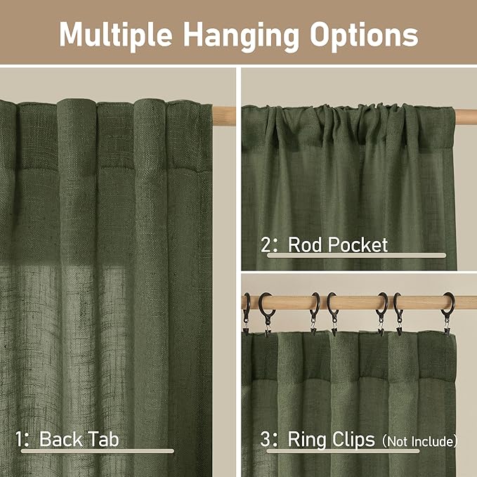 LAMIT Sheer Linen Curtains for Living Room, Back Tab and Rod Pocket Olive Green Curtains Light Filtering Country Rustic Christmas Drapes for Bedroom/Farmhouse, 2 Panels, 52 x 102 Inch