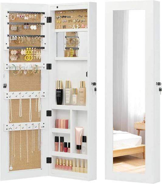 Solid Wood Jewelry Armoire Organizer Cabinet with Full-Length Mirror, 47x14in Wall-Mounted Lockable with LED Light
