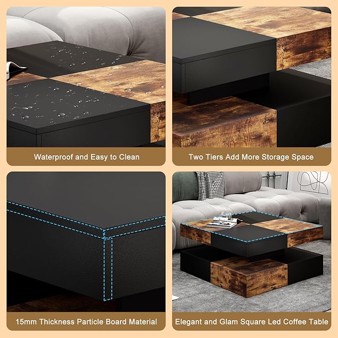 HedoAjim LED Coffee Table for Living Room, Living Room Table 2-Tier Square Middle Center, Modern Coffee Tables with Storage, Contemporary Wood Tea Table for Dining Reception, Rustic Brown