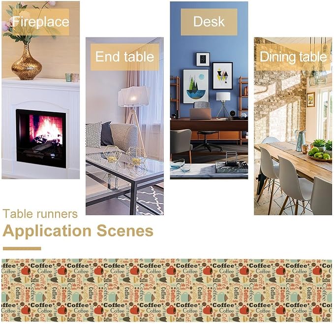Table Runner Rectangle Various Coffee Elements Printed Pattern for Dining Room, Kitchen, Living Room, Outdoor,Holiday and Party Table Decor 13x70 Inch