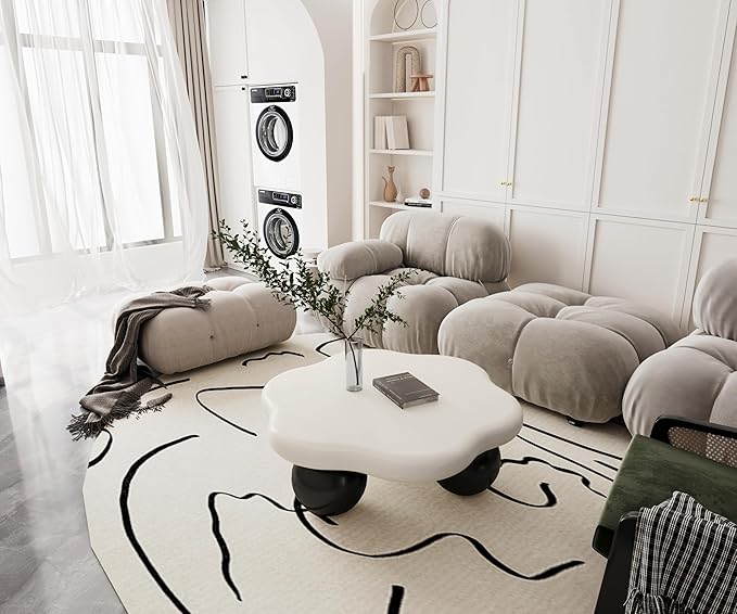 35.03" Cloud Coffee Table for Living Room Unique Coffee Table Modern Low Coffee Tables Cute Center Table with 3 Ball Legs for Small Space Apartment Cream Flower-White & Black