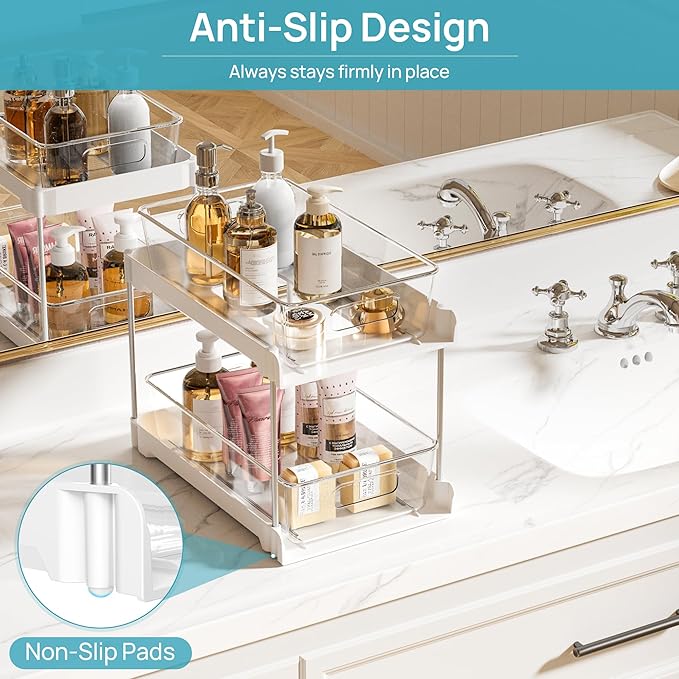 Vtopmart 2 Pack Bathroom Organizer, 2 Tier White Under Sink Organizers Vanity Countertop Storage Container,Cabinet Drawers Bins, Pull-Out Organization with Track for Pantry, Kitchen