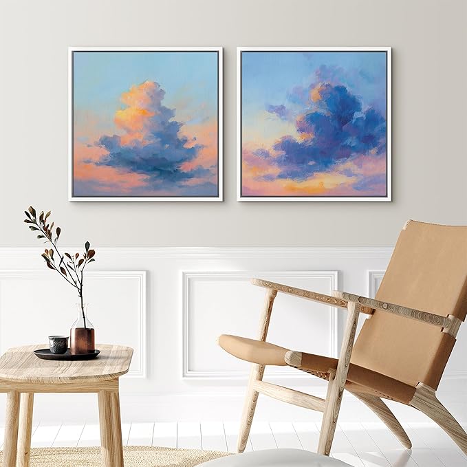 SIGNFORD Framed Canvas Print Wall Art Set Dreamy Cloud Sky Landscape Blue Pink Abstract Modern Art Relax/Calm for Living Room, Bedroom, Office - 24"x24"x2 WHITE