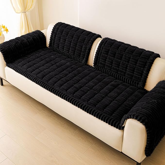 hyha Couch Cover for Dogs Washable, Non Slip Thick Flannel Sofa Protector, Pet Friendly Plush Furniture Cover for Sectional Sofa & Loveseat (Black, 43" x 82.7")