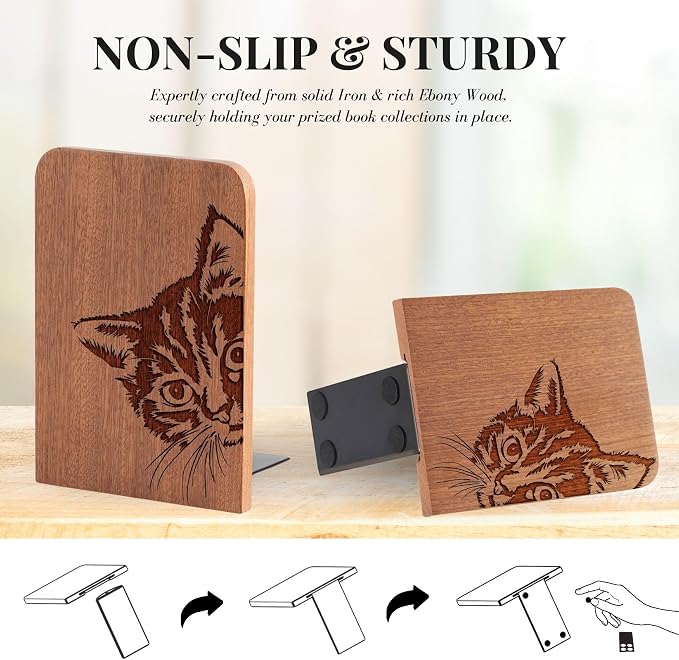 INNObeta Decorative Wooden Book Ends, Animal Bookends, Heavy Duty Bookends for Shelves Unique Design(1 Pair, 4.72x6.69 Inches) - CatPeek