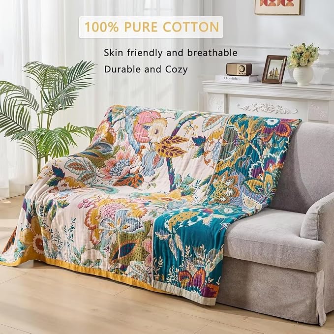 Boho Throw Blanket Farmhouse Decor Throw Blanket Bohemian Blanket for Bed 100% Cotton Muslin Woven Couch Blanket All Seasons Quilt Bedroom (C-Beige, 60"x80")