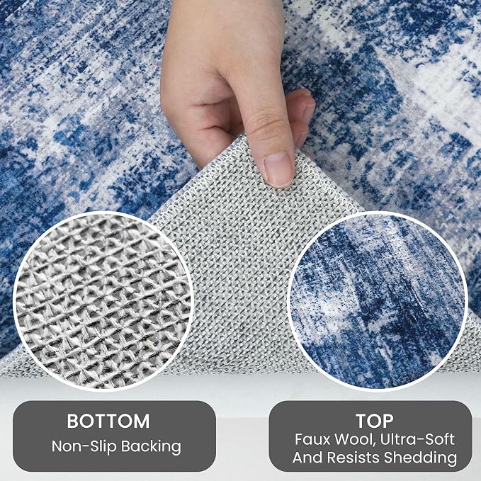 IOHOUZE Abstract Runner Rug 2x4 Ft Entryway Rugs Washable Door Mat Indoor Entrance, Rubber Backed Entryway Runners, Printed Faux Wool Non Slip Floor Carpet for Foyer Front Door Sink, Navy/Grey