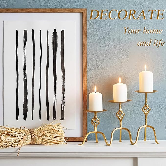 Set of 3 Gold Candlestick Holder Metal Vintage Candle Holder 9.8, 8, 6.3 Inch Tall Decorative Wrought Iron Pillar Candle Sconce Home Decor Wedding Dinning Party Anniversary(Retro)