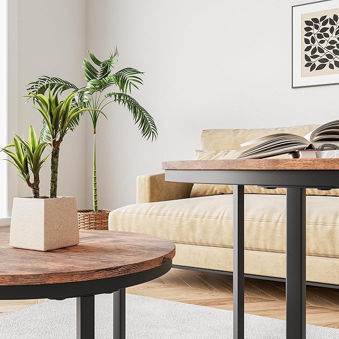 HOJINLINERO Round Coffee Table,Nesting Coffee Table Set of 2,Center Tables for Living Room,Office, Home Small Space,Stacking Side Tables,Sturdy and Easy Assembly,Wood Desktop,Rustic Brown,Small