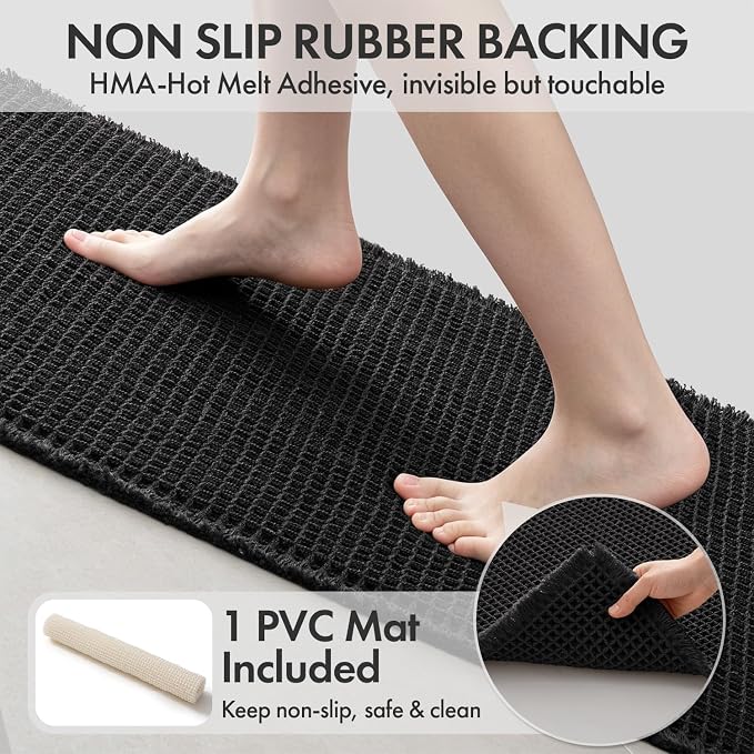 MIULEE Waffle Bathroom Runner Rugs, Super Absorbent Non Slip Bath Rug, Upgraded Soft Quick Dry Washable Boho Large Bath Mat with Tassels for Hallway Laundry Room Bedroom, 2'x5' (24"x60"), Black