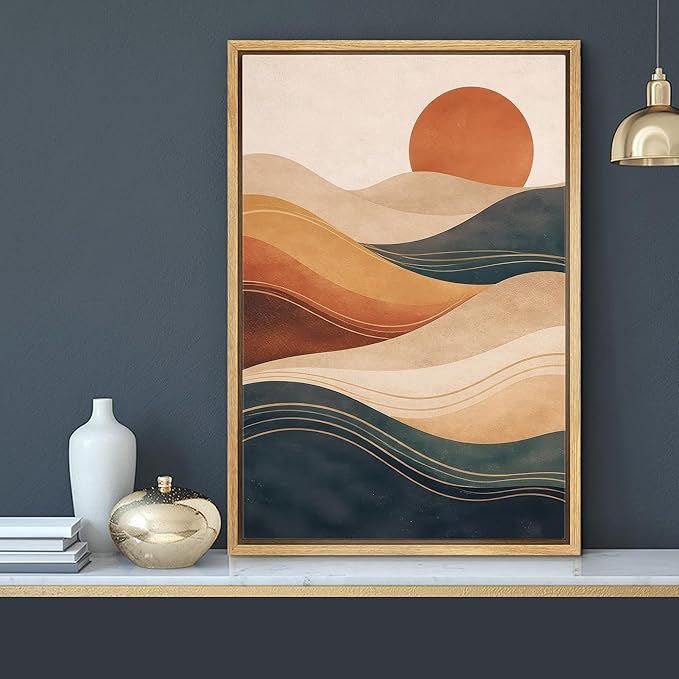 MUDECOR Framed Canvas Print Wall Art Modern Abstract Desert Sun and Flowing Waves Illustrations Minimalism Decorative Bohemian Zen for Living Room, Bedroom, Office - 24"x36" NATURAL