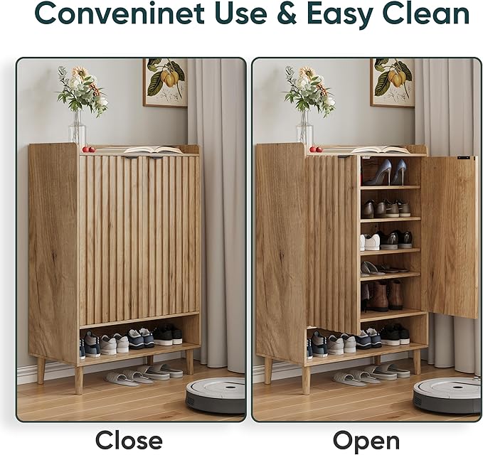 Smuxee Oak Shoe Cabinet with Fluted Doors, 6-Tier Shoe Storage Cabinet with Adjustable Shelves, Freestanding Shoe Organizer Cabinet for Entryway, Hallway, Closet, Living Room