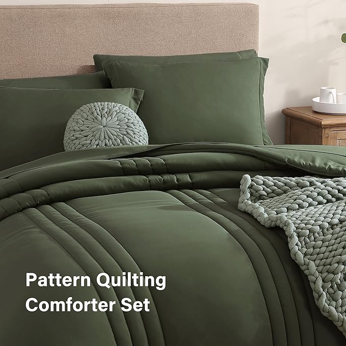 Monbix Queen Comforter Set - 7 Pieces Olive Green Bed in a Bag Queen Bedding Sets with Comforters, All Seasons Comforter Bed Set with Sheets, Pillowcases & Shams