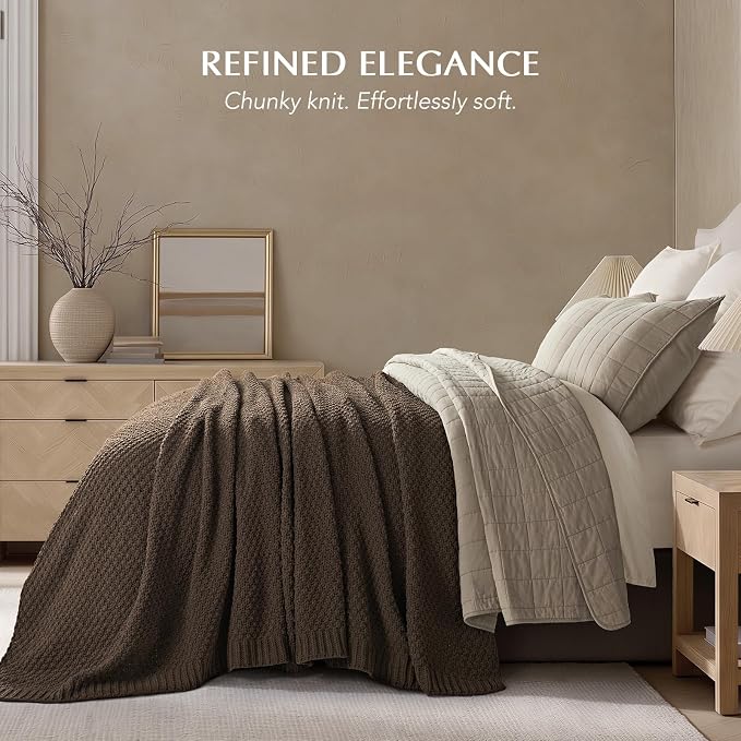EVERGRACEHOME Chunky Chenille Knit Throw Blanket for Couch, Soft Luxurious Oversized Queen Moss Stitch Blanket for Bed, Cozy Farmhouse Knitted Throw for Sofa, Cocoa Brown, 90" x 90"