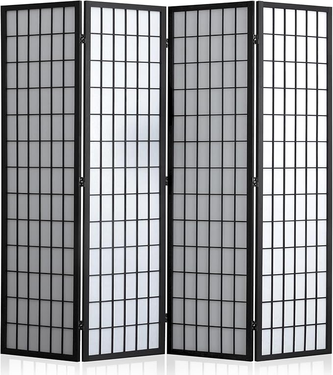 WelFurGeer 4 Panel Shoji Screen Room Divider, Folding Privacy Screens, Room Partitions and Dividers, Decorative Room Dividers, Wall Dividers for Room Separation, Japanese Room Divider for Home (Black)