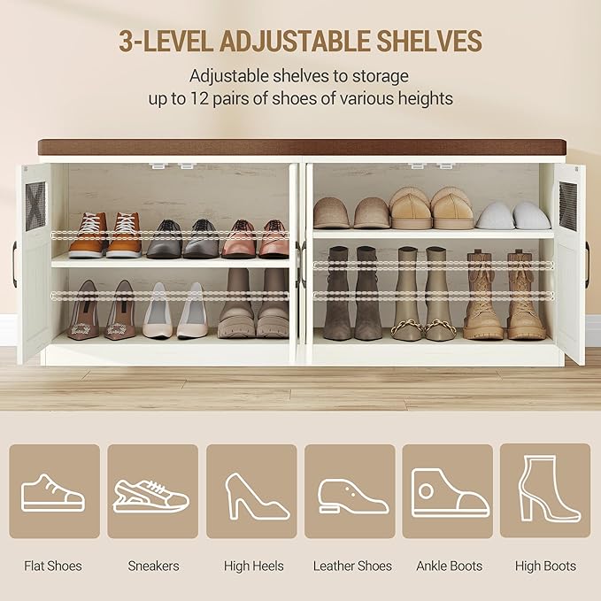 Hzuaneri 2 Tier Shoe Storage Bench with Doors, 47.2" Farmhouse Shoe Bench with Padded Cushion, 12 Pairs of Bed End Bench, Entryway Bench with Storage for Bedroom, Living Room, Rustic White SB61214KA