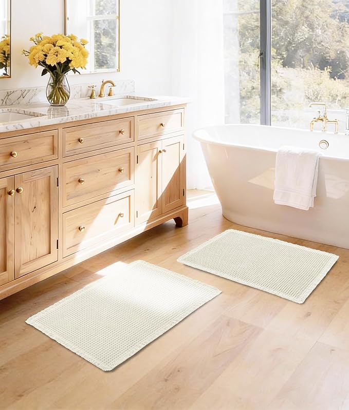 DWCN Waffle Bathroom Mat Set, Super Absorbent Non Slip Bath Rug Set for Bathroom Floor, Shower Mats 2 Pcs for Tub, Washable Kitchen Rugs for Farmhouse Boho Home Decor, 24 x 16 Inch, Ivory