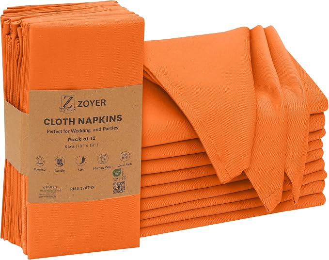 Zoyer Cloth Napkins Set of 12, 18x18 Inches Cotton Enrich Napkins Cloth ‎Washable, Soft & Durable Dinner Napkins for Parties, Wedding, Christmas, ‎Thanksgiving & Everyday Use - Orange