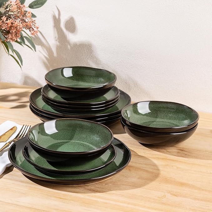 LeRatio Ceramic Dinnerware Sets for 4,Wavy Reactive Glaze Stoneware Plates and Bowls Sets,Highly Scratch Resistant | Dishwasher & Microwave,Oven Safe Dishes Set(12PCS)