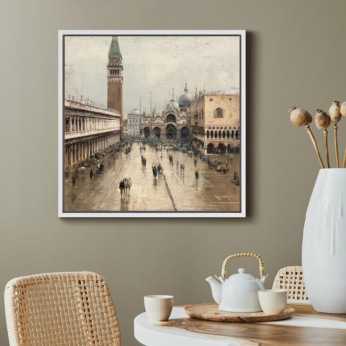 SIGNFORD Framed Canvas Print Wall Art Classic European Cityscape Architecture Illustrations Modern Art Relax/Calm Warm for Living Room, Bedroom, Office - 24"x24" WHITE