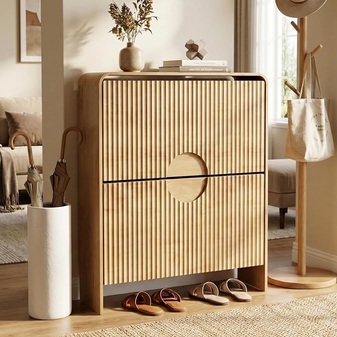 Narrow Shoe Cabinet for Entryway, Fluted Entry Way Shoe Storage Cabinet with 2 Flip Drawers Doors, Slim Hidden Shoe Rack Organizer for Entrance, Foyer, Hallway, Wood, 2 Tier
