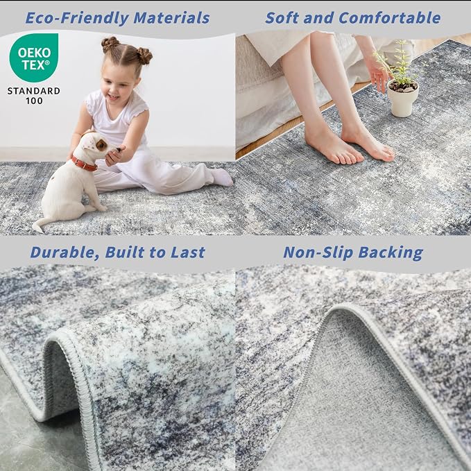 7x9 Washable Living Room Rug - Modern Abstract Neutral Indoor Rug for Dining Room, Kitchen, Bedroom, Non-Slip Low Pile Stain Resistant Carpet（Blue Grey,7x9）