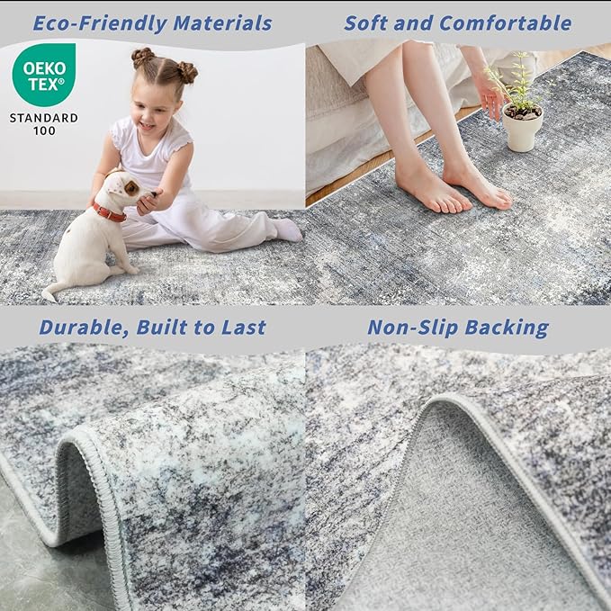 3x15 Ft Long Hallway Runner Rug Non-Slip Washable Wide Kitchen Runner | Modern Abstract Floor Carpet for Indoor Entryway, Bedroom, Living Room (Blue Grey, 3x15)
