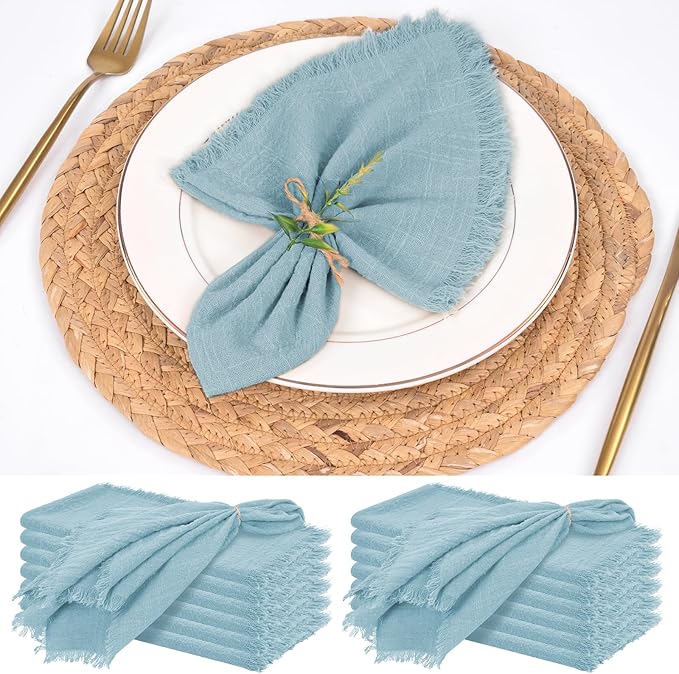 12 Pack Dusty Blue Cloth Napkins Cotton Linen Napkins with Fringe 16 x 16 Inch Soft Handmade Napkins Cloths Delicate Washable Rustic Dinner Napkin Cloths for Wedding Party Dinner Table Decor