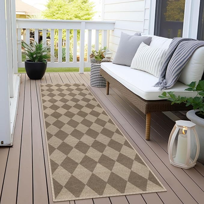 Rugalia Easy Jute Checkered Runner Rug, 2x6 Brown Modern Washable Rugs Runner for Hallway Non-Slip Long Kitchen Rug, Geometric Diamond Indoor Outdoor Carpet for Porch Laundry Entryway