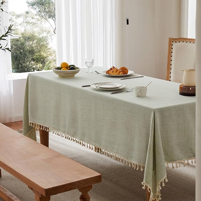 Linen Tablecloth with Tassels, Farmhouse Style Green Tablecloth, Water Resistant Burlap Tablecloths for Rectangle Table, 60x84 Inch Green