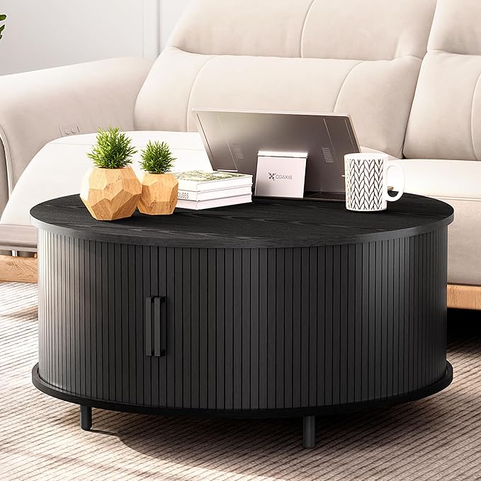 COSIEST Round Coffee Table with Storage, 31.5" Modern Black Coffee Table with 360° Sliding Door, Fluted Wood Accent Center Table with Adjustable Footpads for Living Room