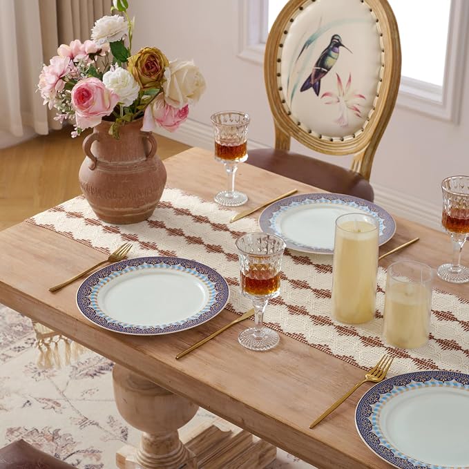 Fancy Homi Rust Boho Cotton Polyester Table Runner 90 Inches Long, Farmhouse Macrame Table Runners with Tassels for Home Party Bohemian Rustic Bridal Shower Kitchen Dining Decor 12x90 Inches