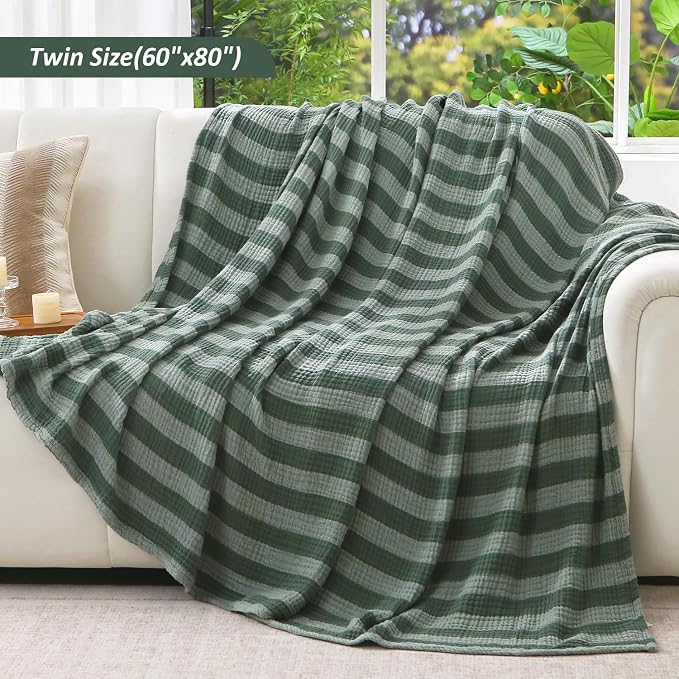 EMME Cotton Muslin Twin XL Blanket Breathable Gauze Soft Lightweight Adults Gifts for Women (Striped Forest Green, 66"x90")