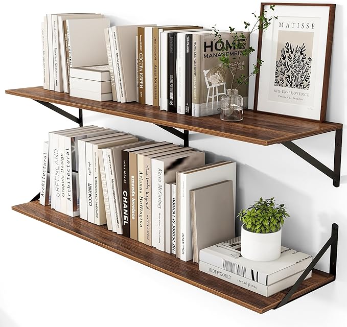 Heimlove 12 Inch Deep Floating Shelves for Wall, 44W x 12D Wood Wall Shelves Set of 2, Walnut Wide Floating Bookshelf for Living Room, Kitchen, Office, Bedroom, with Black Metal Bracke - Walnut