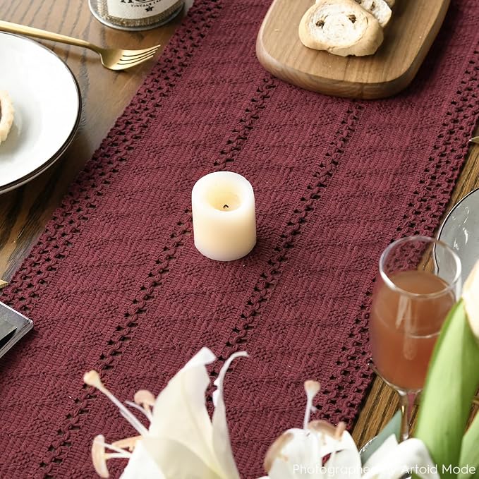 Artoid Mode Red Farmhouse Woven Rustic Hollow Table Runner, Seasonal Holiday Hollow Kitchen Dining Table Decoration for Home Party Decor 12x90 Inch