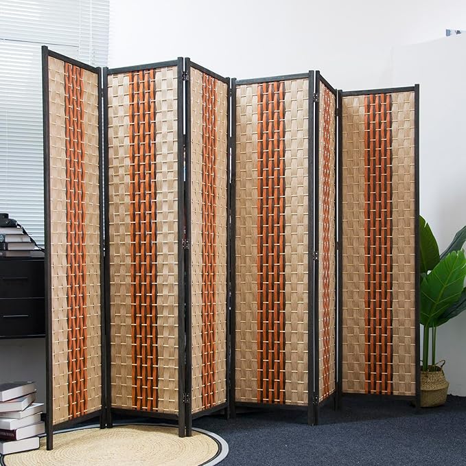 Furnnylane 6 Panel Rattan Room Divider, 5.9 ft Tall Double-Sided Blackout Folding Privacy Screen for Room Separation, with Beige and Orange Panels for Home & Office (70.9" H x 106.3" W)