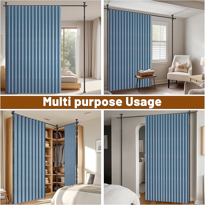 AJAZZ Room Divider Curtain (Blue, W100 x L84 in, 1 Panel)+ Tension Curtain Rod No Drilling (H) 43-120×(W) 35-100 in, for Privacy/Soundproof Curtains, Heavy Duty Wall Separator