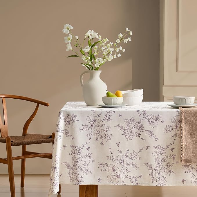 Linen Floral Tablecloths Rectangular Farmhouse Vintage French Rustic Tablecloth Purple Flowers Pattern Burlap Textured Outdoor Table Cover for Picnic,Dining,Party,Home Decor 55x90 Inch