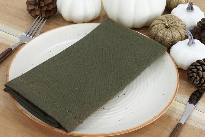PurpleEssences Set of 12 Hemstitch Cloth Dinner Napkins 100% Cotton - Soft Durable Washable - Ideal for Wedding Spring Easter Summer - Perfect Everyday Use Table Linen 18x18 - Olive Green