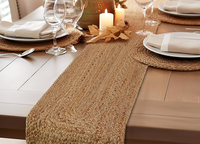 COTTON CRAFT Jute Braided Table Runner - Rustic Farmhouse Table Runner - Kitchen Harvest Fall Thanksgiving Holiday Christmas Party Dining Tabletop Runner - 13 x 36 inches - Natural