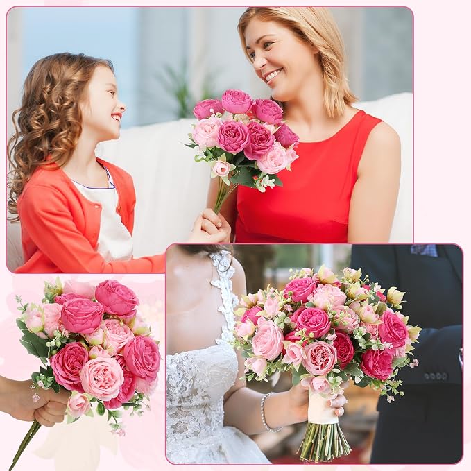 16 Pack Pink,Hot Pink Peonies Artificial Flowers,Fake Silk Hydrangea Bouquet for Bridal Wedding Home Table Decor Reusable Dining Opening Ceremony Birthday Arrangement Faux Floral
