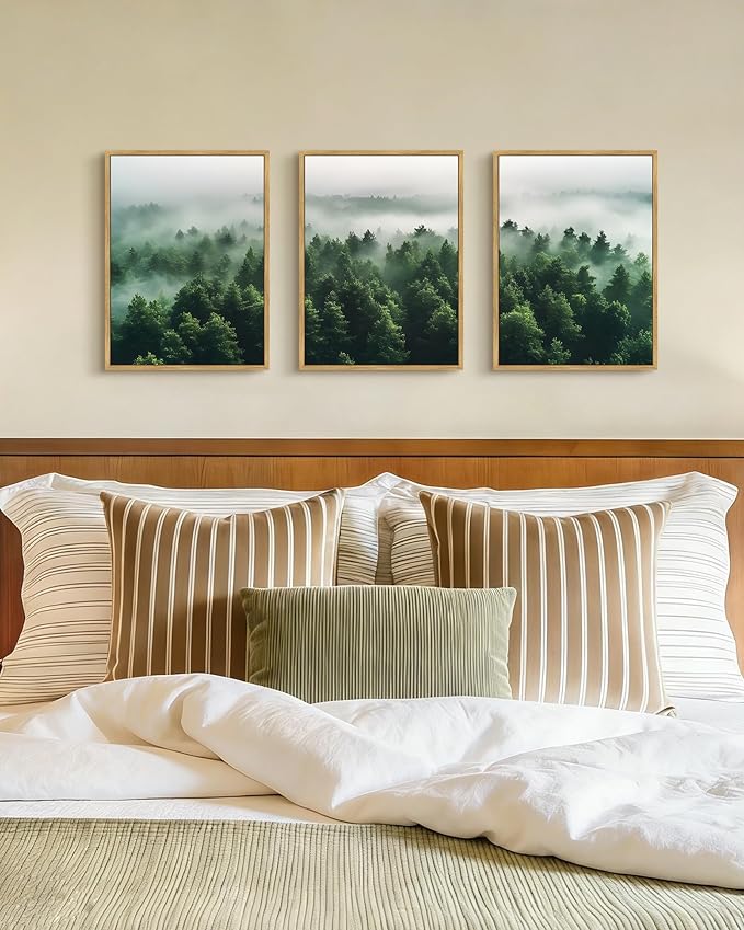 PHOPAGO Green Fog Pine Tree Framed Wall Art Nature Misty Nordic Forests Artwork Morden Paints Bedroom Living Room Home Decor - 11x14in Natural Framed