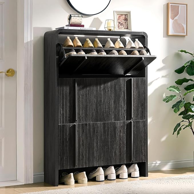 AMERLIFE Shoe Cabinet with 3 Flip Drawers, Fluted Shoe Organizer with Adjustable Shelf for Space-Saving, Freestanding Shoe Storage Rack for Entryway, Hallway, Black