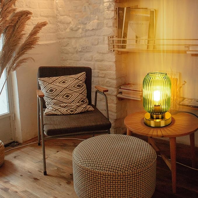 Mid Century Modern Table Lamp, Touch Control & 3 Way Dimmable, Green Ribbed Glass Shade, Small Gold, Vintage Bedside Lamp for Bedroom, Living Room,Office (Bulb Included)