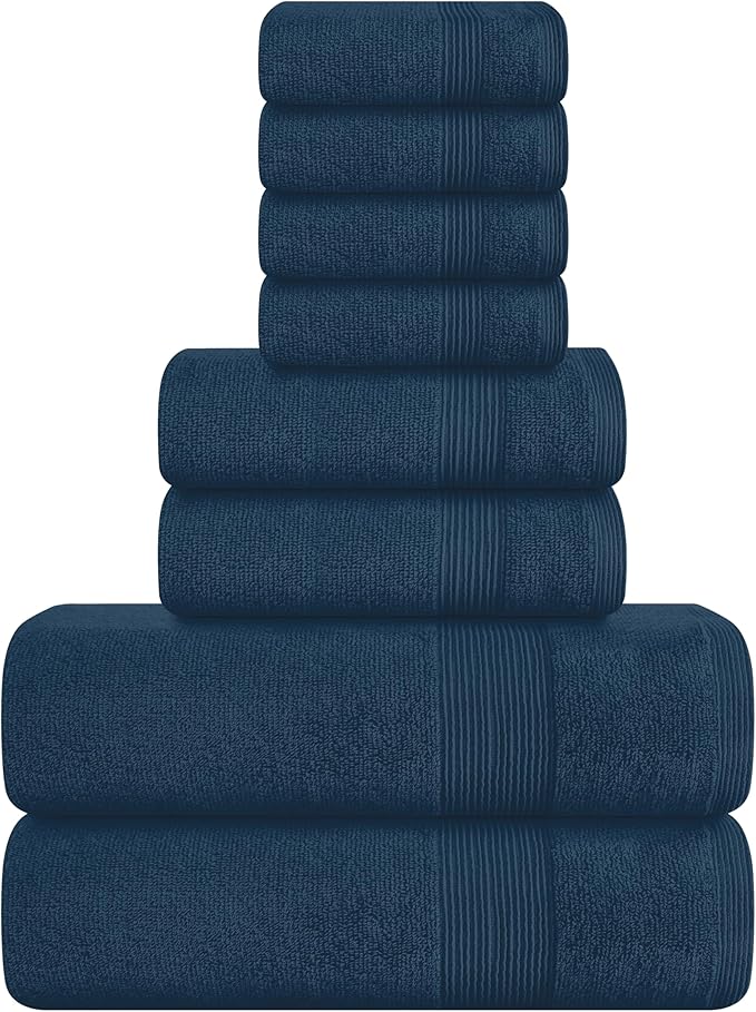 Belizzi Home 8 Piece Towel Set 100% Ring Spun Cotton, 2 Bath Towels 27x54, 2 Hand Towels 16x28 and 4 Washcloths 13x13 - Ultra Soft Highly Absorbent Machine Washable Hotel Spa Quality - Mineral Blue