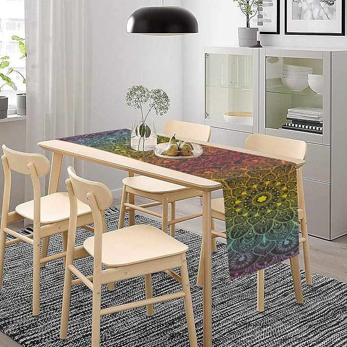 YCness Retro Ethnic Boho Table Runner, Mandala Hippie Art Mandala Rainbow Colorful Dining Room Kitchen Living Room Party Holiday, 13x36 Inch